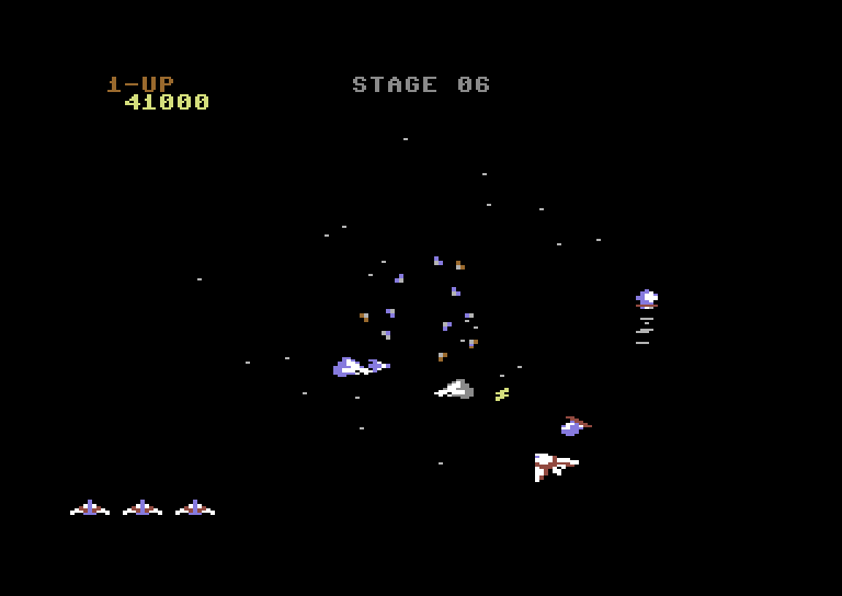 Gyruss Commodore 64 Screenshot: These satellites have a force field between them...be careful!