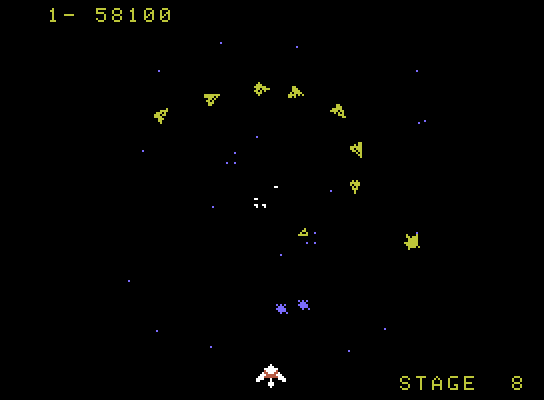 Gyruss ColecoVision Screenshot: Each level has different enemy formations...