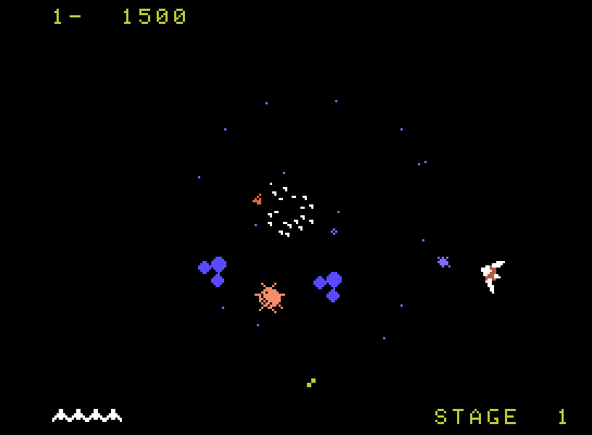 Gyruss ColecoVision Screenshot: Shoot the middle satellite for double fire ability...