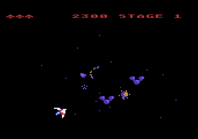 Gyruss Atari 5200 Screenshot: Shot the middle satellite to obtain double fire...