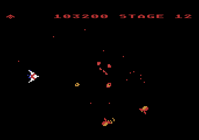 Gyruss Atari 5200 Screenshot: Those enemies in a pair have a force field between them...don't get caught there!