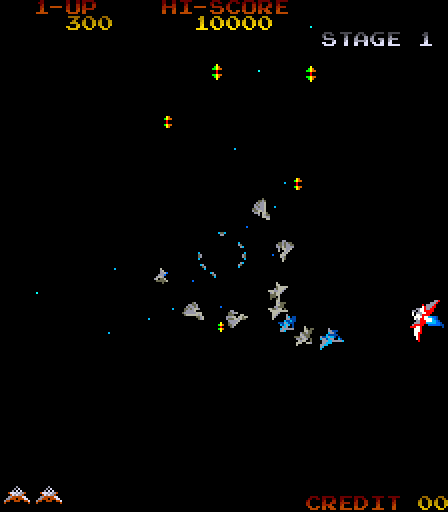 Gyruss Arcade Screenshot: On each stage planes start out flying in a formation.