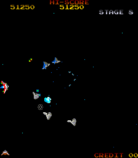 Gyruss Arcade Screenshot: Your ship can fly in a circle around the entire screen.