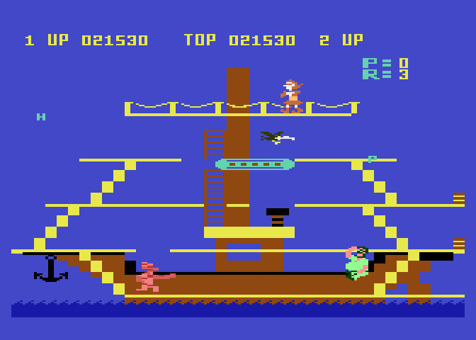 Popeye Atari 8-bit Screenshot: When you eat spinach, you can punch Brutus off of the screen...