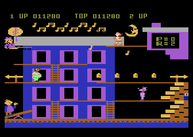 Popeye Atari 8-bit Screenshot: Dodge bottles and anything else thrown at you...