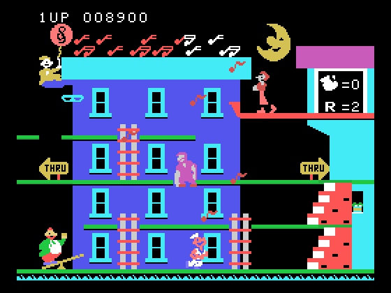 Popeye TI-99/4A Screenshot: The see-saw on the left can catapult you to the top of the screen.