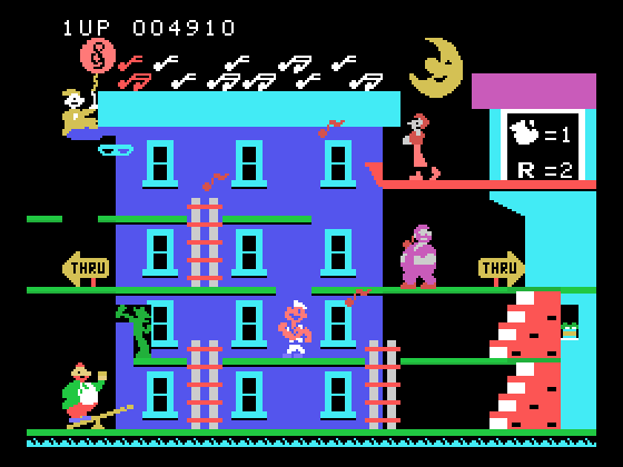 Popeye TI-99/4A Screenshot: Catch the musical notes on the second level.