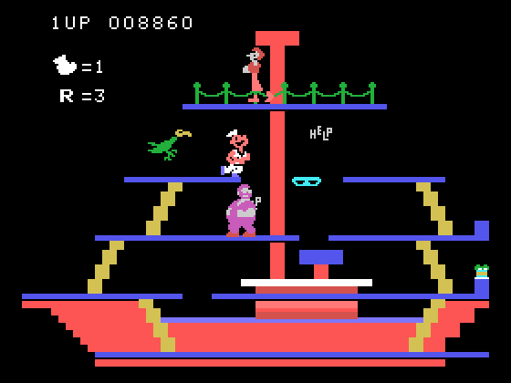 Popeye TI-99/4A Screenshot: The third level is a pirate ship.