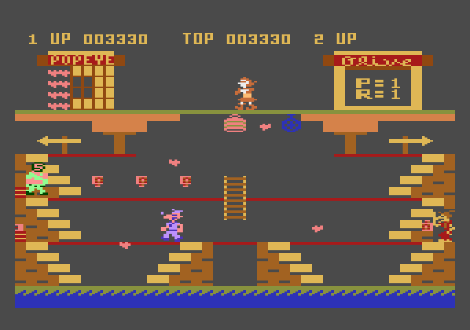Popeye Atari 5200 Screenshot: Don't get hit by bottles that are thrown at you...