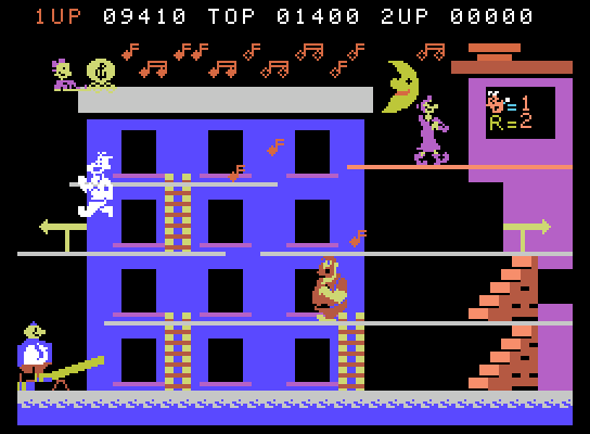 Popeye ColecoVision Screenshot: Use the springboard to leap to the top platform again...