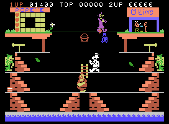 Popeye ColecoVision Screenshot: Punch the bottles thrown at you, or you'll lose a life...