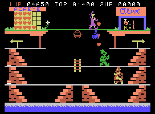 Popeye ColecoVision Screenshot: Popeye turns green after eating spinach.