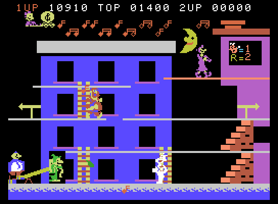 Popeye ColecoVision Screenshot: Pick up the notes on the ground quickly!