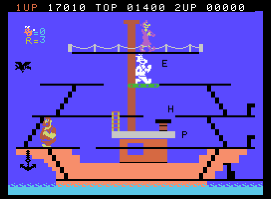Popeye ColecoVision Screenshot: The green platform moves back and forth...