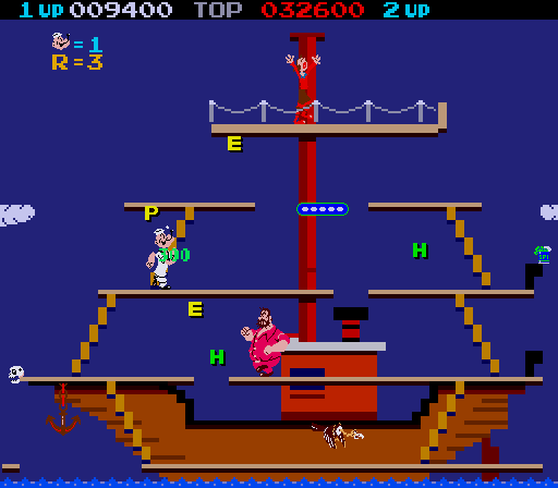 Popeye Arcade Screenshot: Catch the letters that spell HELP...