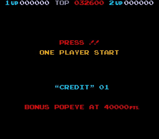 Popeye Arcade Screenshot: Press start to begin!