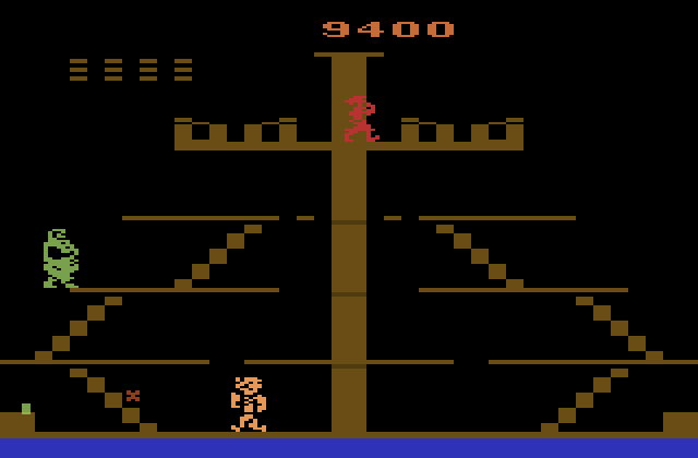 Popeye Atari 2600 Screenshot: Catch the "X" so it doesn't sit on the ground for too long!