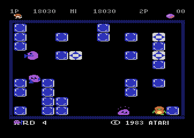 Pengo Atari 8-bit Screenshot: If you kick any of the walls it will temporarily stun any Sno Bees touching it.