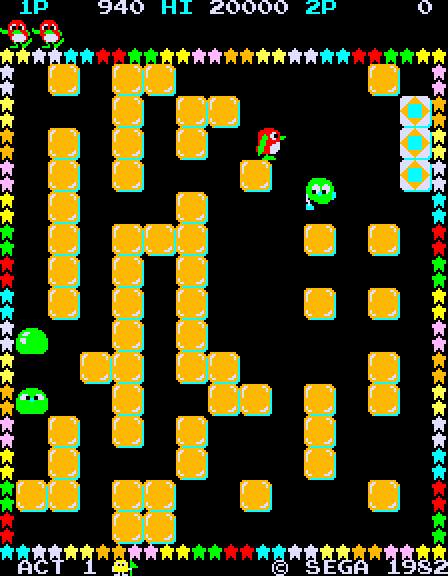 Pengo Arcade Screenshot: The screen flashes different colors rapidly when you align diamond blocks.