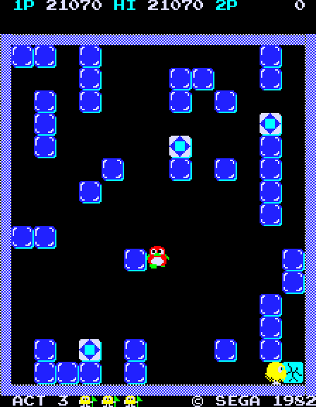 Pengo Arcade Screenshot: The last sno-bee tries to escape...