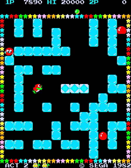Pengo Arcade Screenshot: Even more bonus points are awarded for aligning diamond blocks in the middle of the playfield.