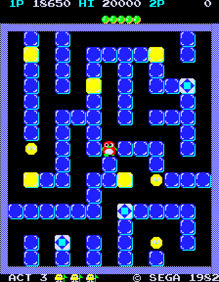 Pengo Arcade Screenshot: The blocks flashing yellow have sno-bee eggs in them.