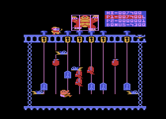 Donkey Kong Junior Atari 8-bit Screenshot: Climb ropes to push the keys.