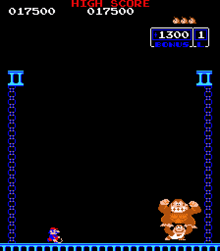 Donkey Kong Junior Arcade Screenshot: Success! Now the game repeats with a higher level of difficulty.