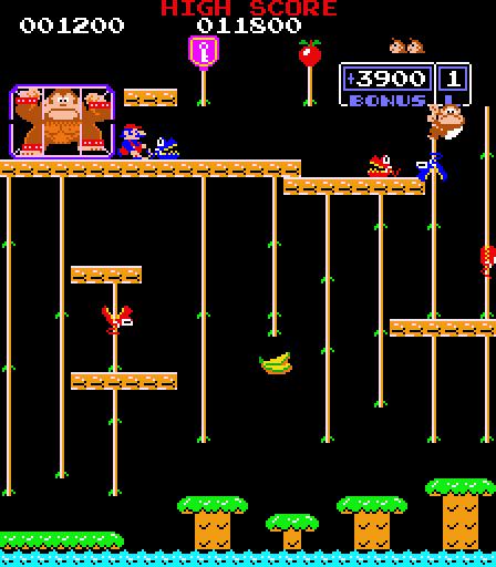 Donkey Kong Junior Arcade Screenshot: Climb ropes to avoid opponents.