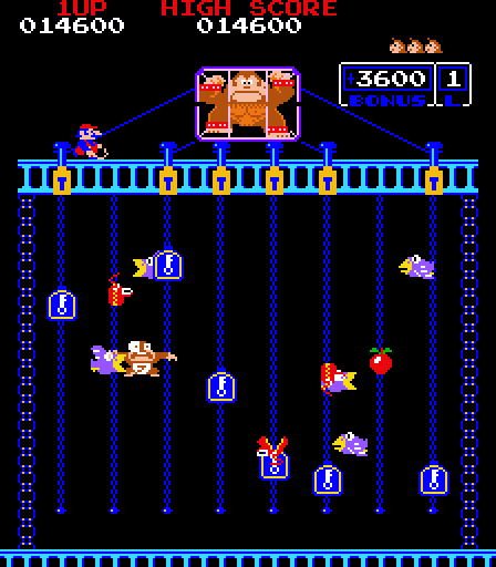 Donkey Kong Junior Arcade Screenshot: Oh no, a bird got me!