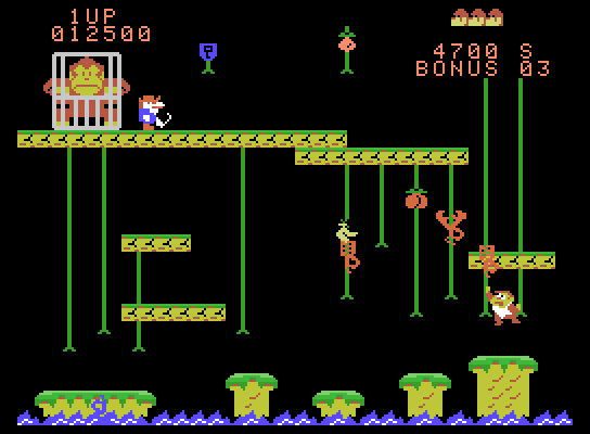Donkey Kong Junior ColecoVision Screenshot: Climbing ropes again on the first screen.