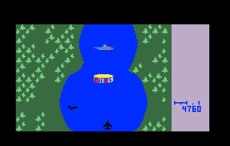 River Raid Intellivision Screenshot: Fly over the fuel depots to replenish fuel.