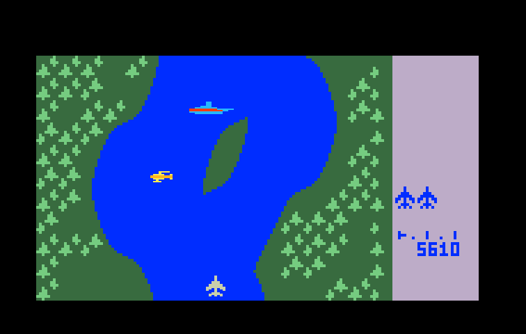 River Raid Intellivision Screenshot: The river sometimes splits into two paths.