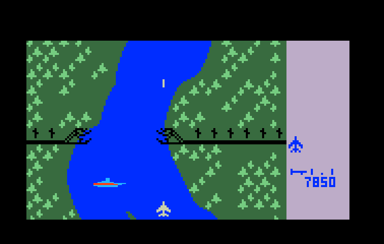 River Raid Intellivision Screenshot: Bridge destroyed! You can continue to the next level now...