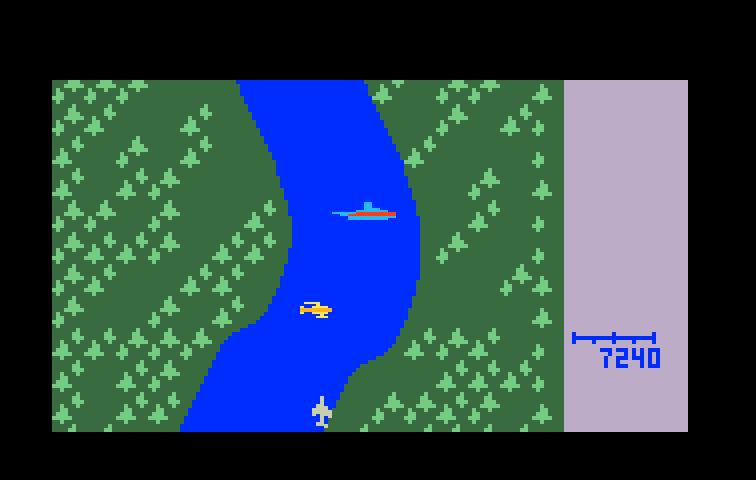 River Raid Intellivision Screenshot: Yikes, don't crash into the river bank!