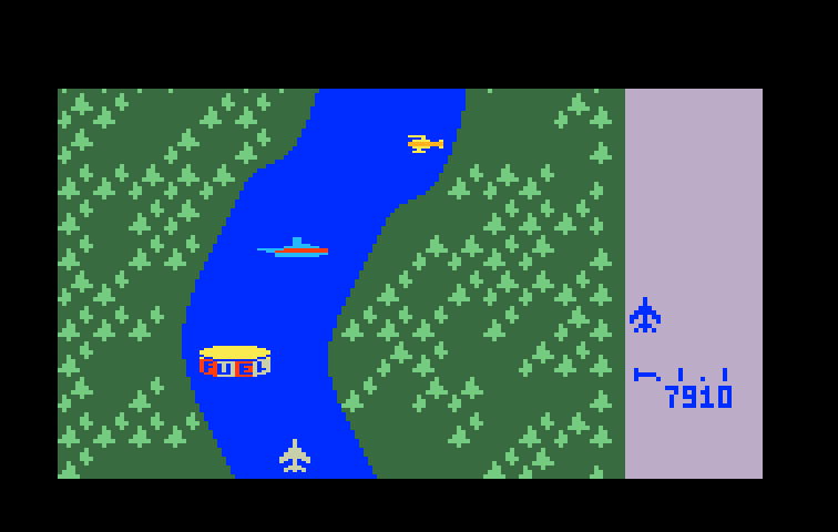 River Raid Intellivision Screenshot: The river starts to become narrow...