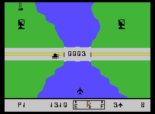 River Raid ColecoVision Screenshot: A bridge at the end of a level.
