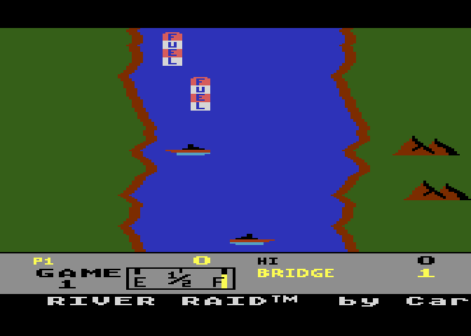 River Raid Atari 5200 Screenshot: Title screen. The game title and copyright information scroll along the bottom.