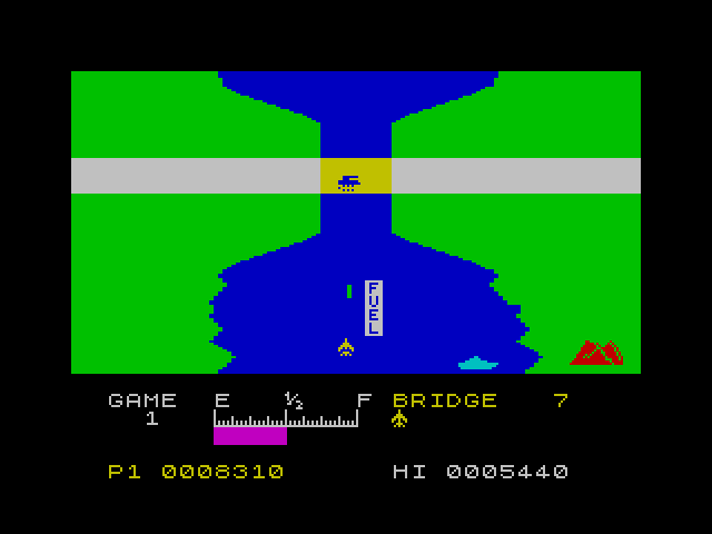 River Raid ZX Spectrum Screenshot: Destroy the tank on the bridge for bonus points!