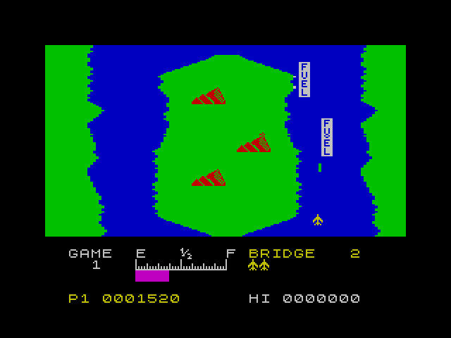 River Raid ZX Spectrum Screenshot: Fly over fuel tanks to replenish your fuel...
