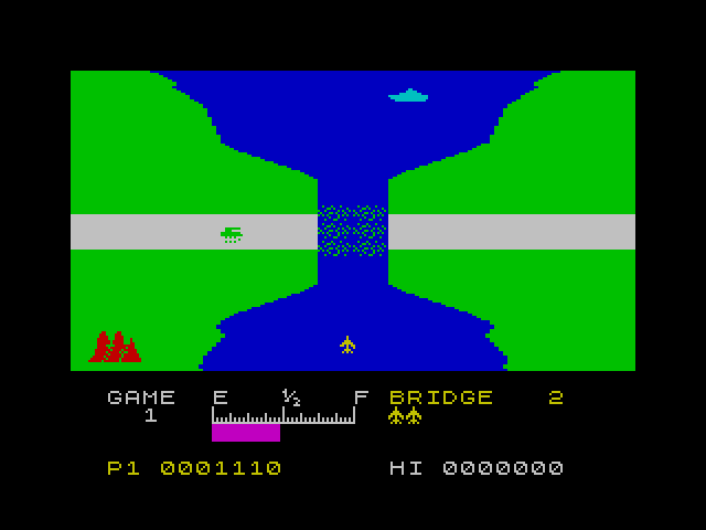 River Raid ZX Spectrum Screenshot: Bridge destroyed!
