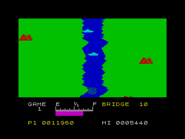 River Raid ZX Spectrum Screenshot: I crashed into the river bank!