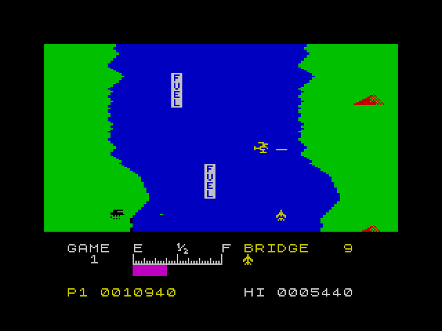 River Raid ZX Spectrum Screenshot: Enemy tanks and helicopters now begin firing back...