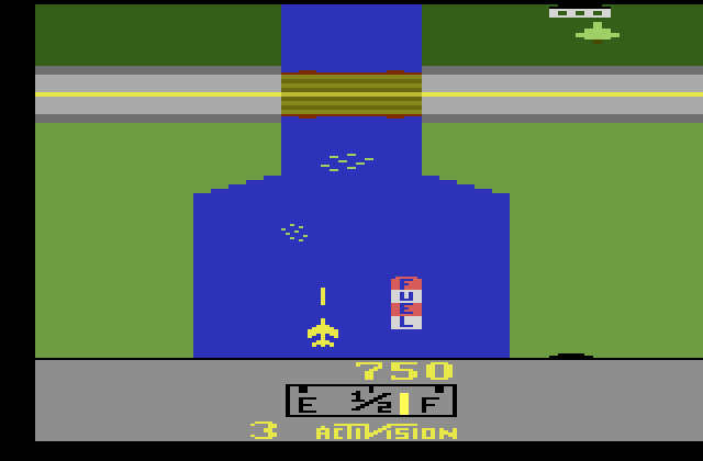 River Raid Atari 2600 Screenshot: A bridge at the end of a stage.