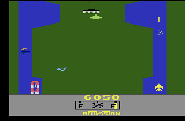 River Raid Atari 2600 Screenshot: Yikes, the path can be narrow at times!