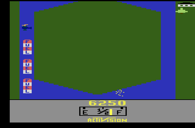 River Raid Atari 2600 Screenshot: There is some bonus fuel to the left, and I crashed trying to get it...