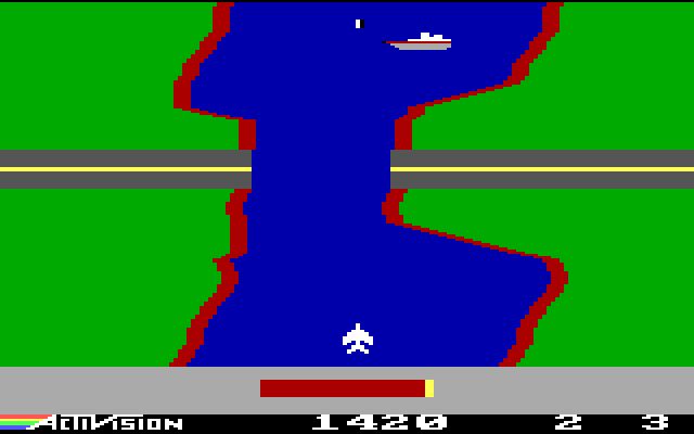 River Raid IBM PC/Compatibles Screenshot: Bridges indicate the beginning of a new level.