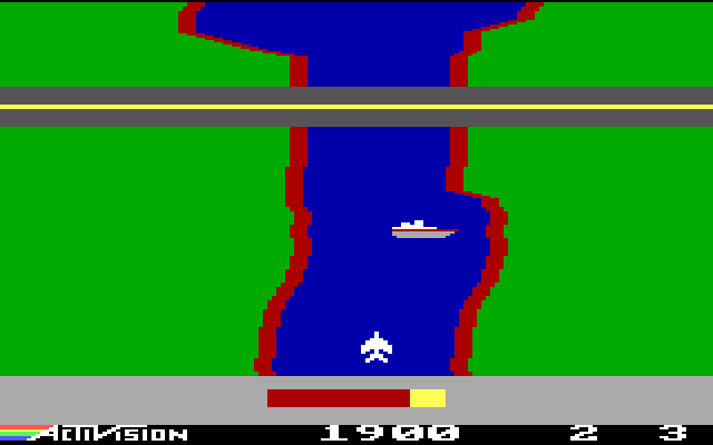 River Raid IBM PC/Compatibles Screenshot: Shoot the bridge to get past it.