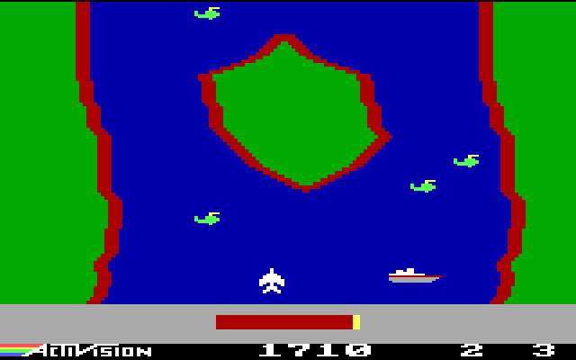 River Raid IBM PC/Compatibles Screenshot: Be careful not to crash when the river divides...