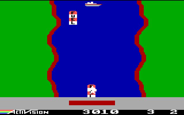 River Raid IBM PC/Compatibles Screenshot: Fly over the fuel to replenish your fuel supply.